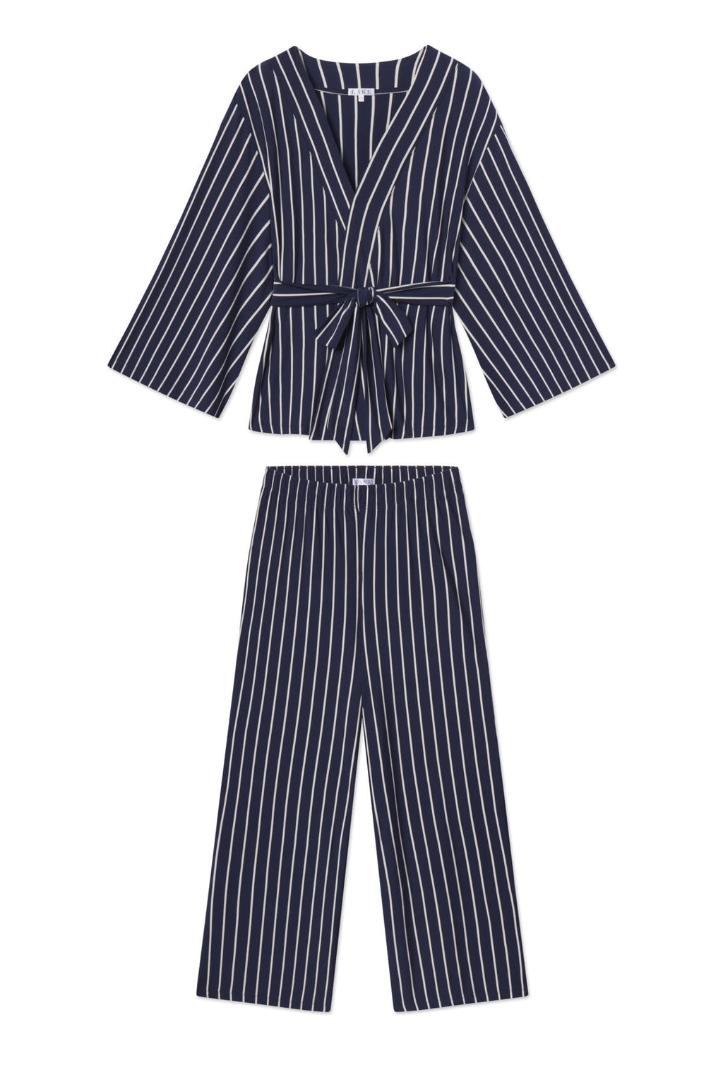 DreamModal® Kimono Pajama Set in English Navy Vertical Stripe