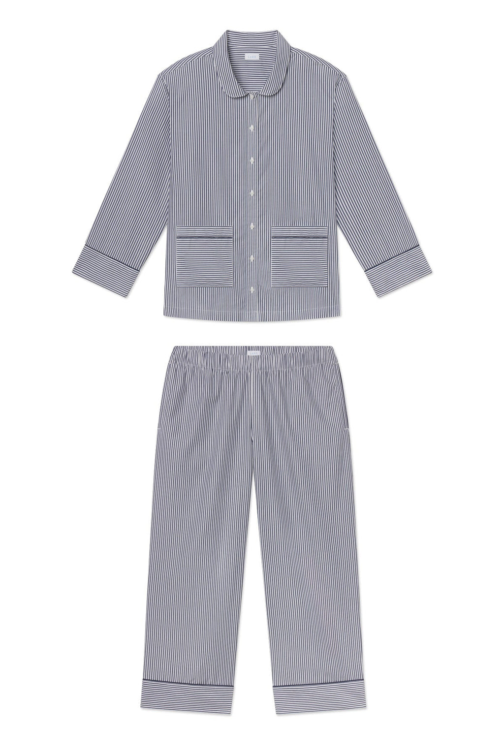 Poplin Piped Long-Long Set in English Navy Riviera Stripe